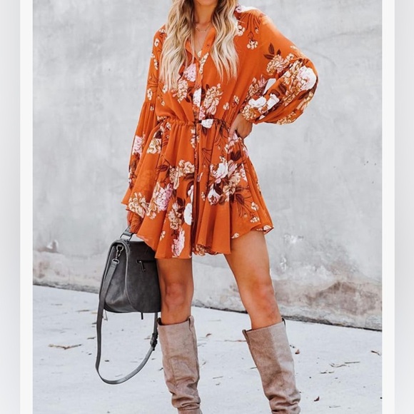 Floral Orange Women's Dress - Picture 2 of 5